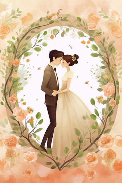 Un dessin animé d'un couple s'embrassant dans un cadre de fleurs.