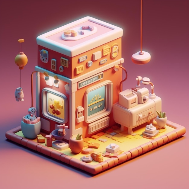 Photo un dessin animé d'une cuisine de jouets avec un poêle et un micro-ondes sur le dessus