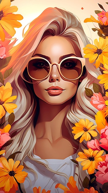 dessin animé dessiné à la main belle illustration de femme portant des lunettes de soleil parmi les fleurs