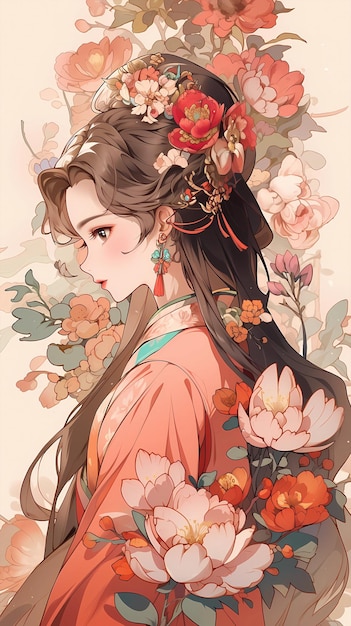 Dessin animé dessiné à la main belle illustration de fille chinoise en fleurs