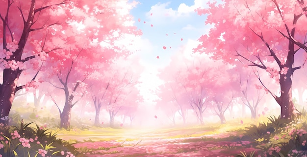 dessin animé dessiné à la main belle illustration de paysage en fleurs de cerisier