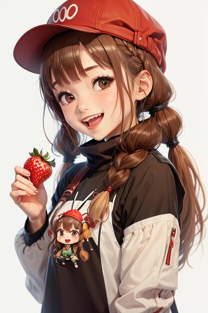 Photo un dessin animé dessiné à la main d'une belle jeune fille tenant une fraise.