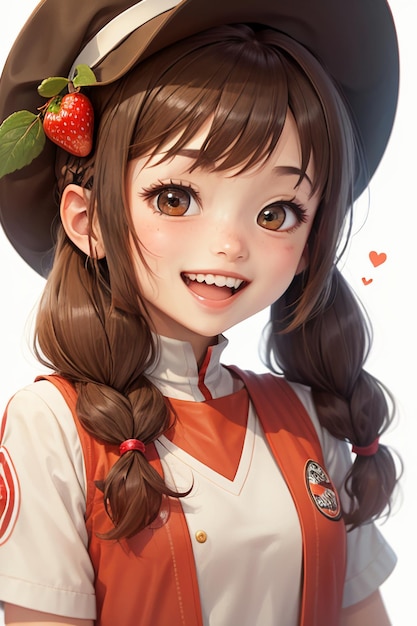 Un dessin animé dessiné à la main d'une belle jeune fille tenant une fraise.
