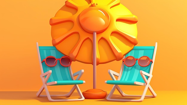 Photo un dessin animé de deux chaises de plage avec des lunettes de soleil rouges et un parasol.