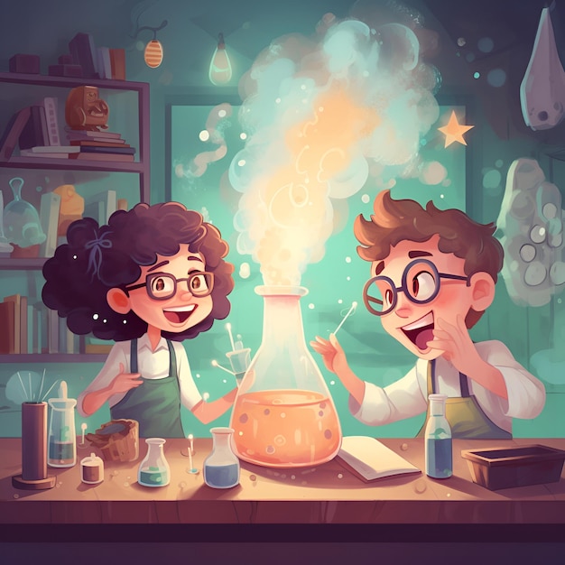 Un dessin animé de deux enfants dans un laboratoire avec un flacon d'où sort de la fumée.