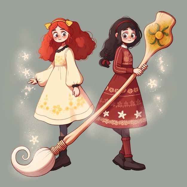 Un dessin animé de deux filles avec une grande baguette en bois qui dit "le mot" dessus.