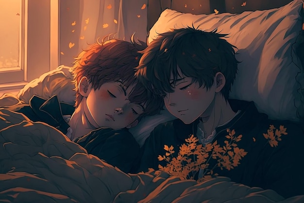 Un dessin animé de deux personnes dormant dans un lit avec une fleur jaune dans le coin.