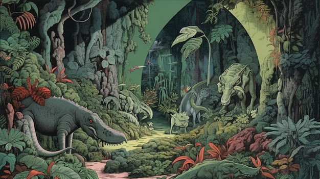 Un dessin animé d'un dinosaure dans une jungle