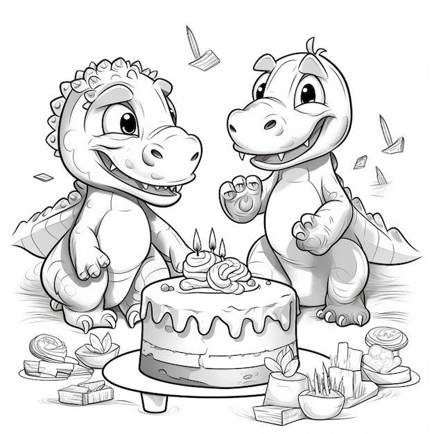 Un dessin animé d'un dinosaure avec un gâteau d'anniversaire.