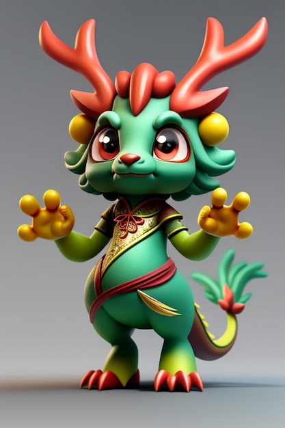 Dessin animé, Dragon chinois, bébé, anthropomorphe, rendu 3D, personnage, modèle, produit