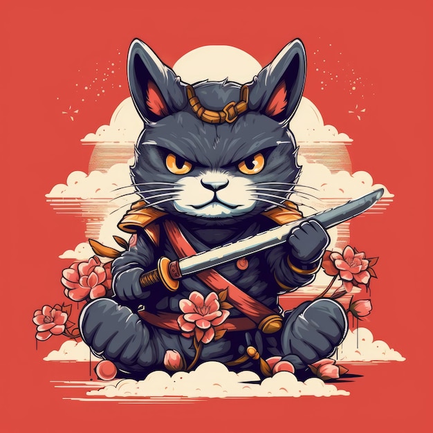 Dessin animé drôle de chat samouraï