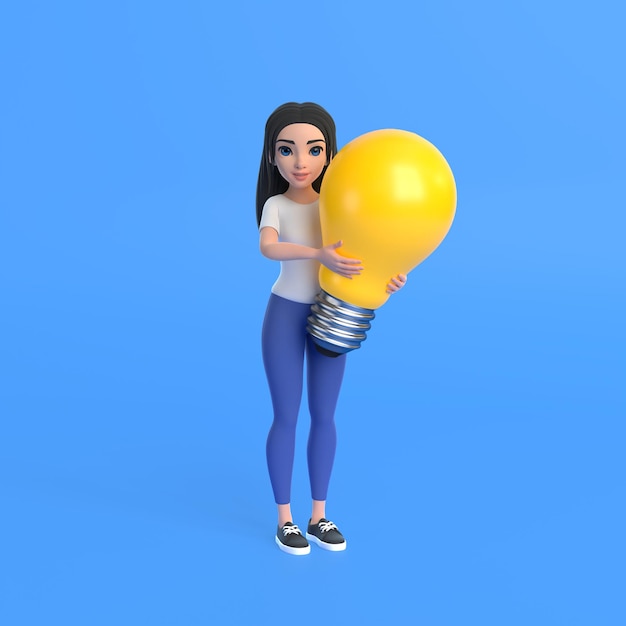 Dessin animé drôle de fille mignonne tenant et serrant une énorme lampe à ampoule sur un rendu 3D de fond bleu