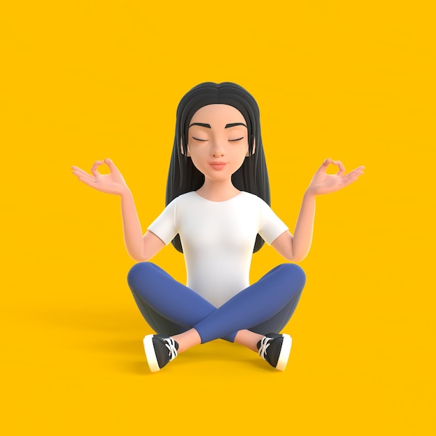 Dessin animé drôle jolie fille avec les yeux fermés en position de lotus de yoga sur fond jaune rendu 3D