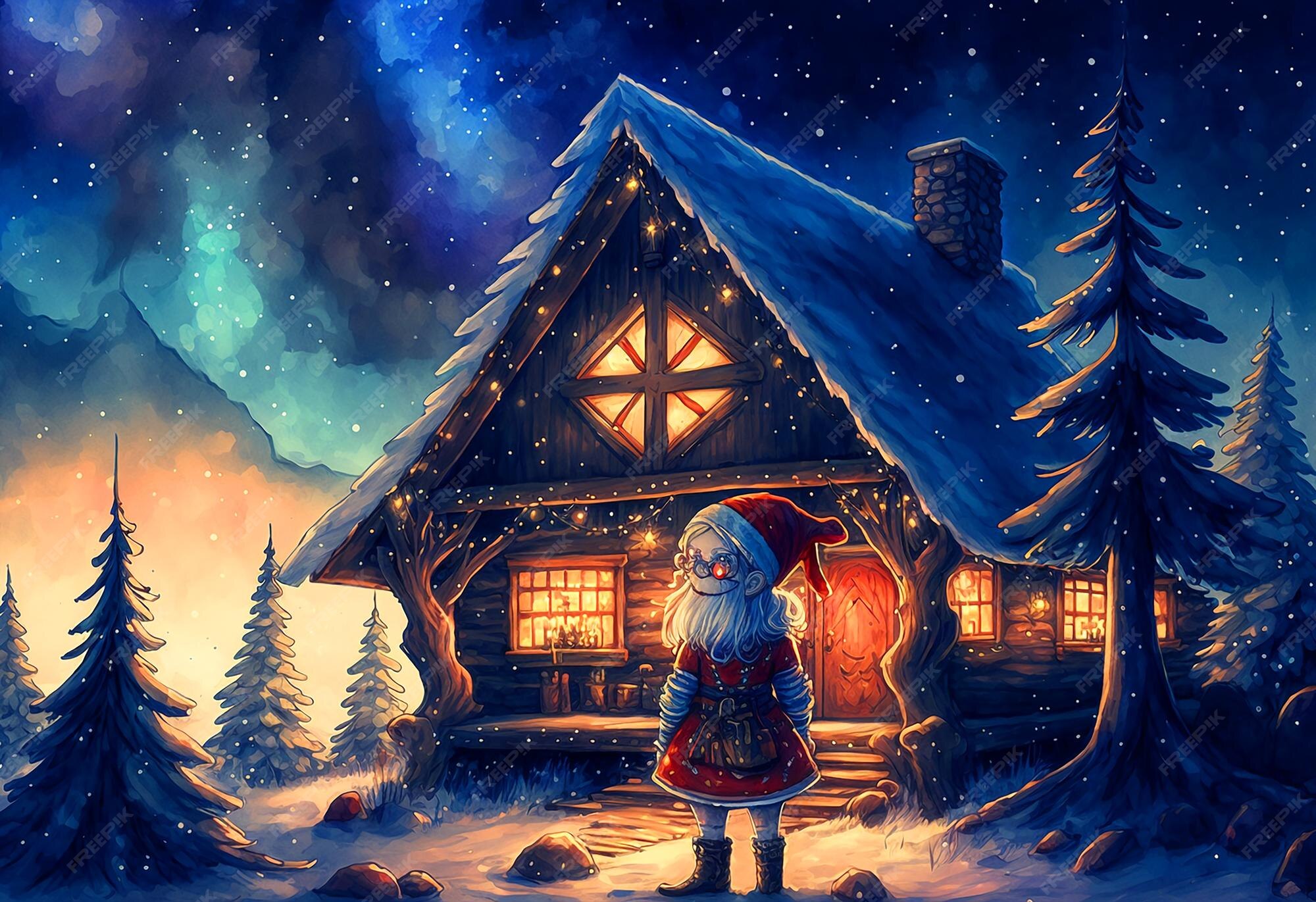 Chalet Maison Du Pere Noel Dessin Un Dessin Animé Du Père Noël Regardant Une Maison Avec Un Toit Couvert De Neige. | Photo Premium