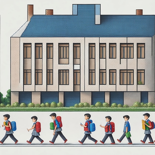 Un dessin animé d'une école avec des élèves qui marchent