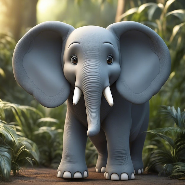 Un dessin animé d'éléphant mignon en 3D nettoie le fond de la jungle estompée