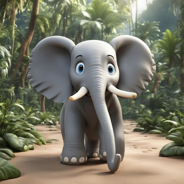 Un dessin animé d'éléphant mignon en 3D nettoie le fond de la jungle estompée