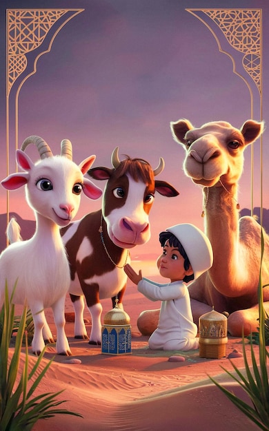 Photo un dessin animé d'un enfant à côté d'une chèvre un chameau et une vache