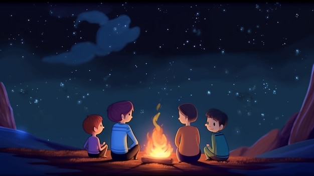 Un dessin animé d'enfants assis autour d'un feu de camp la nuit.