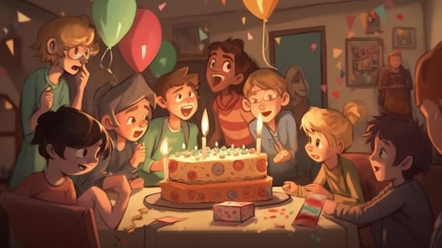 Un dessin animé d'enfants célébrant un anniversaire avec un gâteau et des ballons.