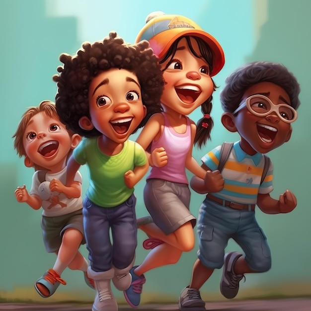 Un dessin animé d'enfants courant dans un groupe avec les mots happy kids en bas