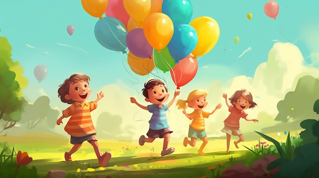 Un dessin animé d'enfants jouant avec des ballons dans le ciel