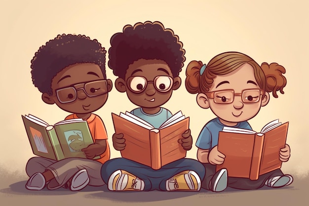 Un dessin animé d'enfants lisant des livres et l'un d'eux lisant