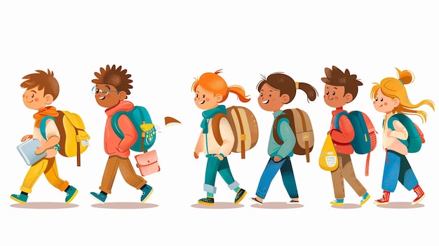 un dessin animé d'enfants qui portent des sacs à dos avec leurs sacks à dos