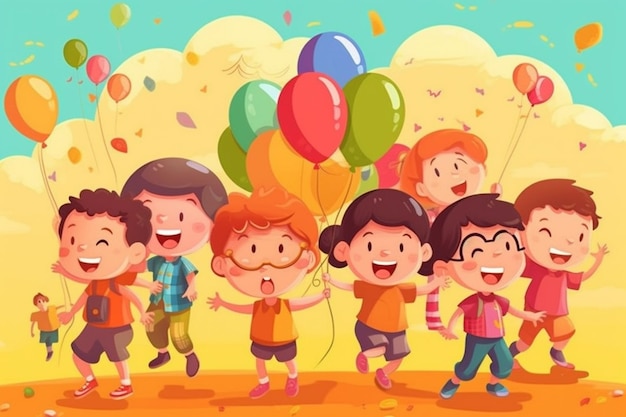 Un dessin animé d'enfants s'amusant avec des ballons.