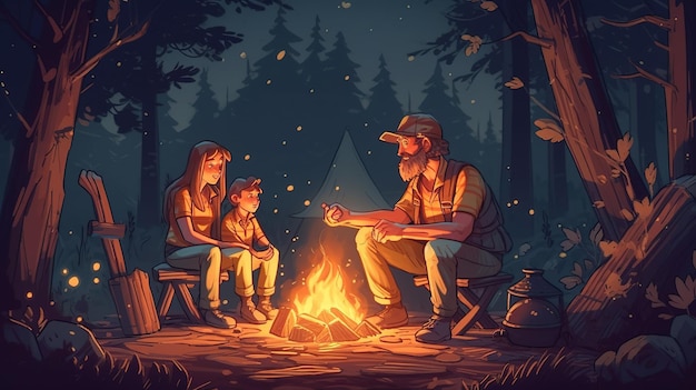 Un dessin animé d'une famille autour d'un feu de camp