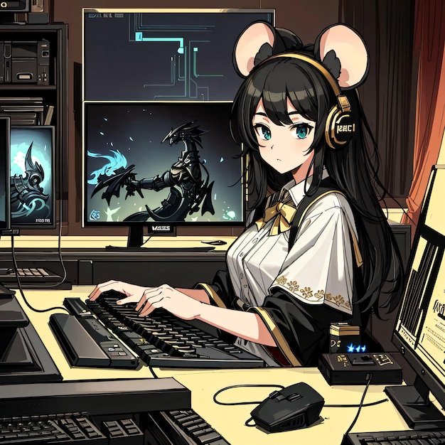 Un dessin animé d'une femme assise devant un ordinateur avec une souris sur la tête.