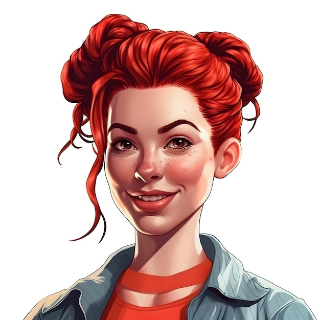 Photo un dessin animé d'une femme aux cheveux roux et une chemise bleue qui dit 