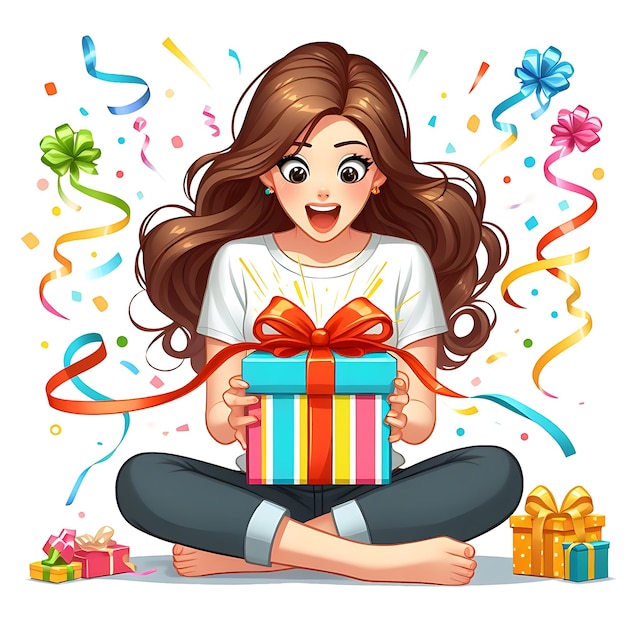 un dessin animé d'une femme avec une boîte de cadeaux et un ruban qui dit joyeux anniversaire