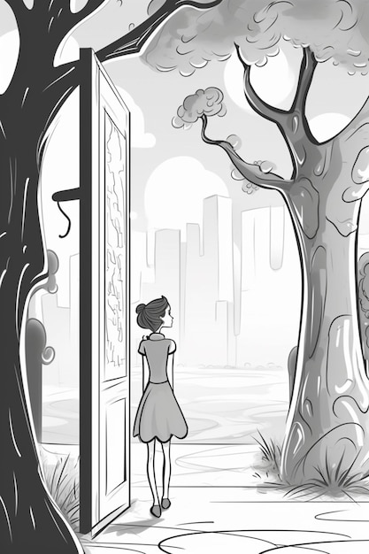 dessin animé d'une femme debout devant une porte avec un arbre en arrière-plan