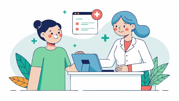 un dessin animé d'une femme et d'un enfant dans un manteau de laboratoire travaillant sur un ordinateur