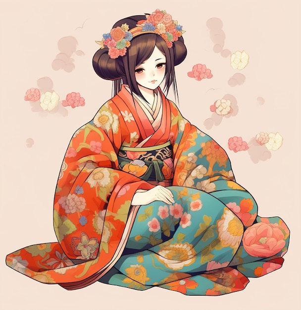 Un dessin animé d'une femme portant un kimono avec un motif de fleurs dessus.