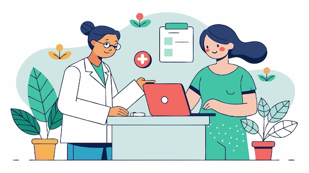 un dessin animé d'une femme travaillant sur un ordinateur portable avec un stéthoscope sur le mur