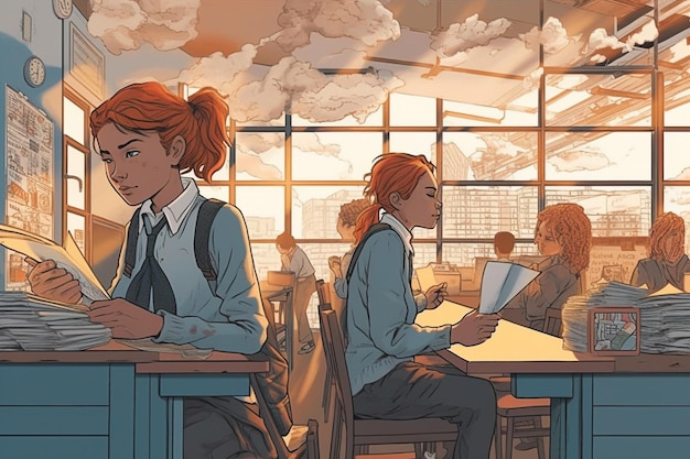 Un dessin animé d'une fille assise à un bureau dans une salle de classe avec un ciel nuageux derrière elle.