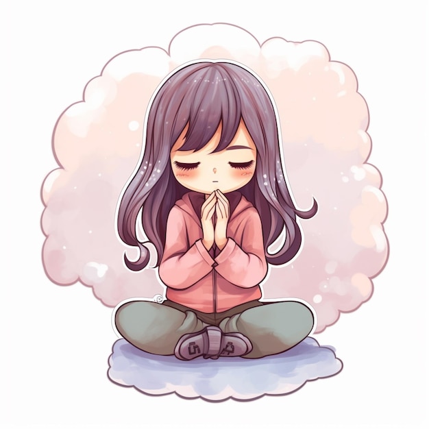 Un dessin animé d'une fille assise dans un nuage avec les mots " zen " sur le devant.