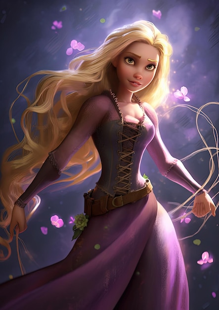 Un dessin animé d'une fille aux cheveux blonds et une robe violette avec le mot rapunzel dessus.