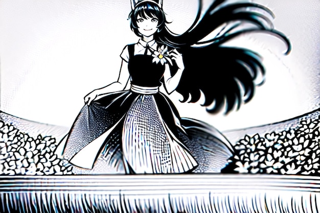Un dessin animé d'une fille aux cheveux longs et une fleur dans les cheveux.