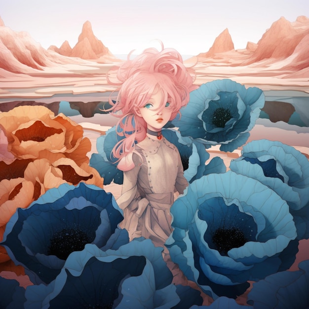 Un dessin animé d'une fille aux cheveux roses et une fleur bleue au milieu de ses cheveux.
