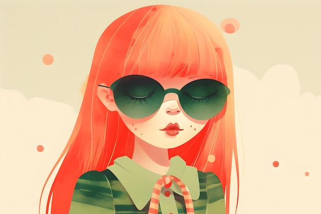 Un dessin animé d'une fille aux cheveux roux et aux lunettes de soleil vertes