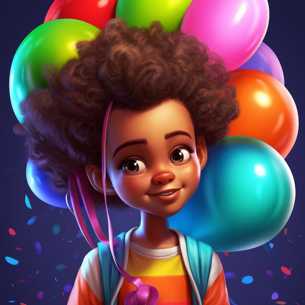 Un dessin animé d'une fille avec des ballons sur la tête