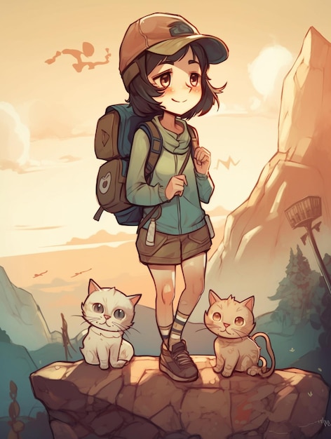 Photo un dessin animé d'une fille avec un chat sur le dos