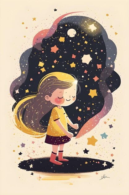 Un dessin animé d'une fille avec une chemise jaune qui dit "étoiles" dessus