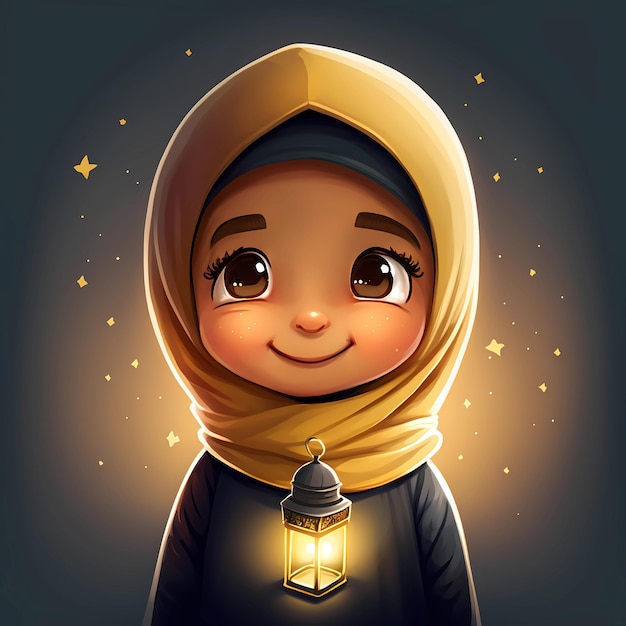 Un dessin animé d'une fille avec une lanterne à la main Ramadan Kareem Eid al fitr