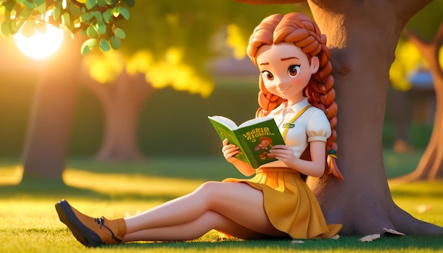 un dessin animé d'une fille lisant un livre au soleil sous un jour de livre d'arbre