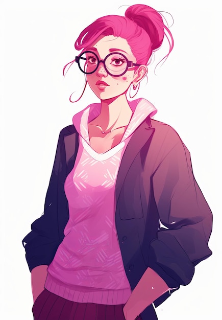 Photo un dessin animé d'une fille avec des lunettes et une chemise rose