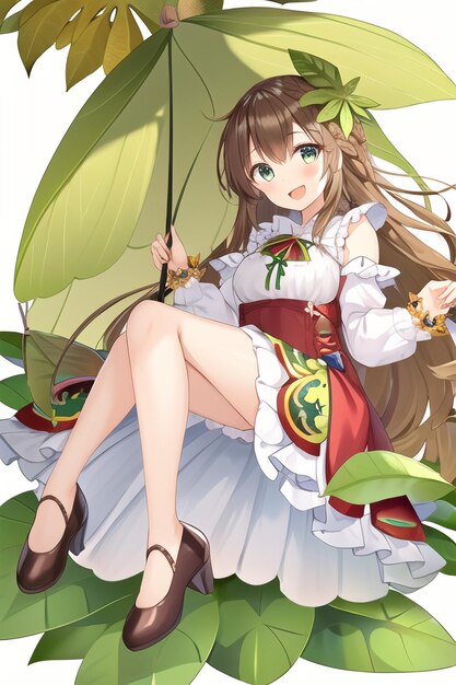 Un dessin animé d'une fille avec un parapluie vert et une robe blanche avec une fleur dessus.